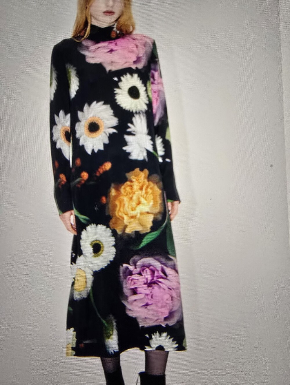 STINE GOYA Millie Black Long Sleeve Floral Midi Dress SZ LARGE